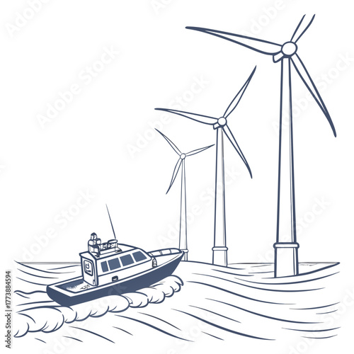 A boat sails through wavy ocean waters near towering offshore wind turbines generating clean energy