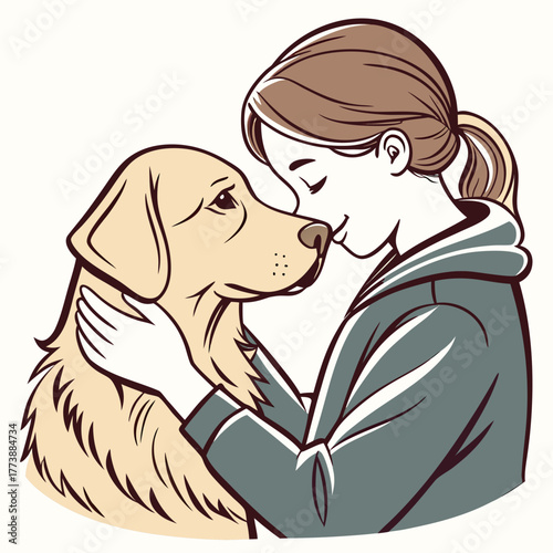 Young woman embracing her golden retriever dog with love and affection in a tender moment