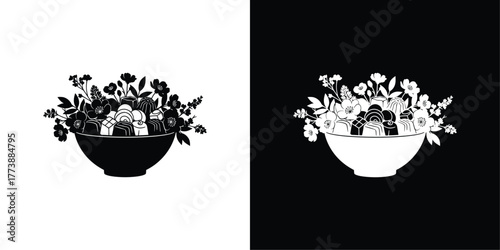 Floral Offering Bowl Vector, Black and White Sweet and Flower Arrangement Symbolizing Purity, Celebration, and Spiritual Ritual