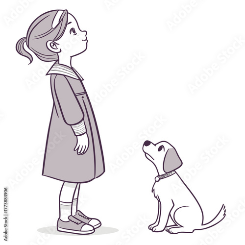 Young girl in a dress and sneakers looking up at a cute puppy sitting attentively