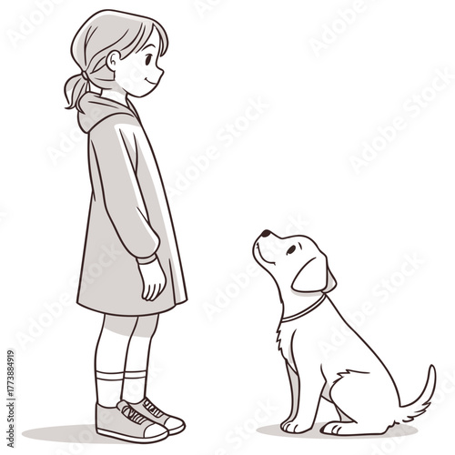 A young girl in a dress and sneakers stands looking at a cute happy dog sitting and looking up at her