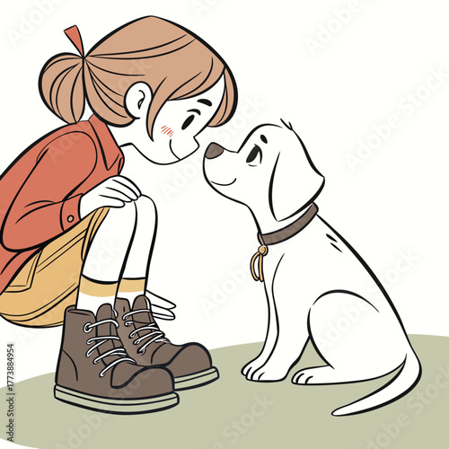 Young girl with brown hair and red jacket happily bonding with her white puppy dog outdoors