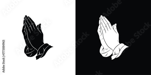 Praying Hands Vector, Black and White Religious Symbol of Faith, Worship, Hope, and Spiritual Devotion