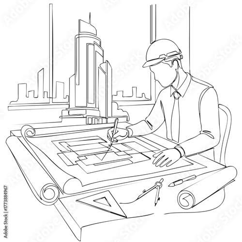 A line drawing depicts an architect in a hard hat reviewing blueprints with precision tools, set against a backdrop of a modern cityscape through a window.