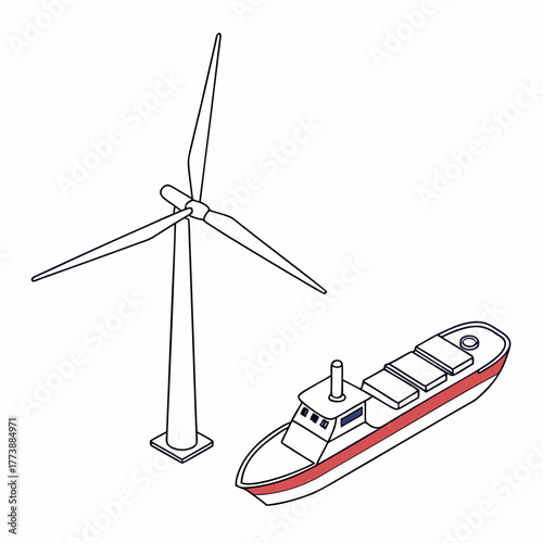 Stylized isometric illustration of a wind turbine and a cargo ship on a white background