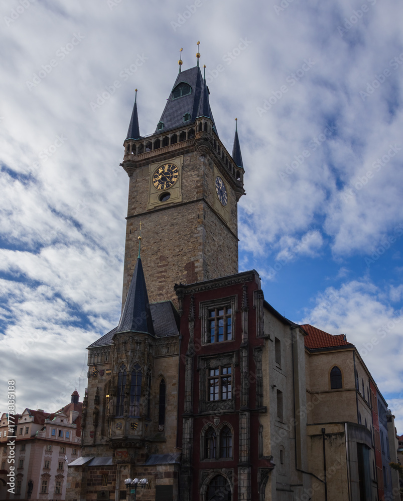 Fototapeta premium Old town square tower with cloudy sky. Prague, Czech republic