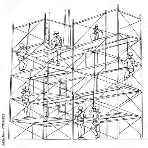 An intricate black and white line drawing depicts construction workers safely erecting a multi-level scaffolding, highlighting essential industrial safety.