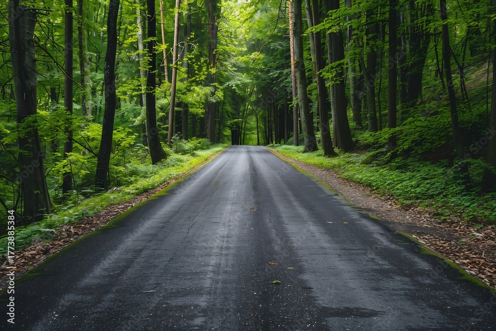 Obraz premium Serene Road through Lush Green Forest: A Journey into Nature's Embrace