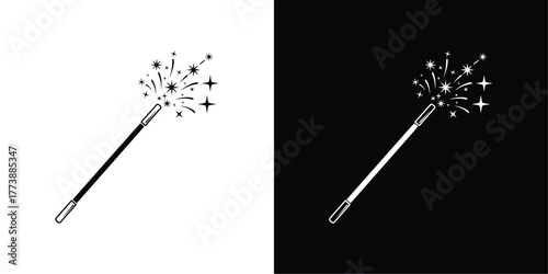 Magic Wand Vector with Sparkles and Stars, Black and White Minimal Illustration Symbolizing Power, Energy, and Fantasy