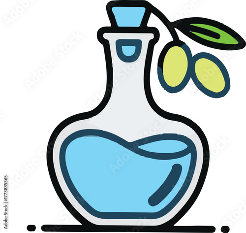 Olive oil bottle icon with cork stopper and fresh olive branch for culinary and health concepts