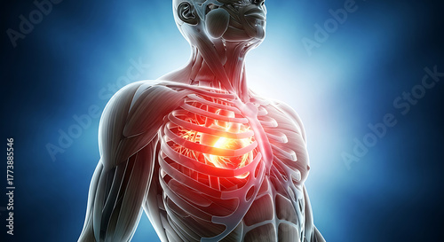 Conceptual 3D illustration of acute chest pain or myocardial infarction, showing the human male anatomy with a focus on the glowing heart