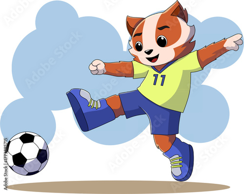 Cute Soccer Mascot Kicking Ball In A Playful Studio Scene, Cheerful cartoon mascot kicks a soccer ball with energetic motion in a bright, friendly scene. Ideal for sports, youth and playful brand