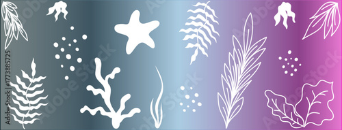 Vector background, banner, wallpaper, and set of marine elements — seaweed, corals, and starfish on a gradient background. Minimalist white design, perfect for marine-themed designs and brands.
