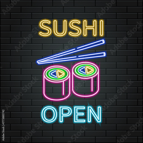 Neon vector illustration of sushi open sign on dark brick wall background. Bright glowing sushi rolls with chopsticks in retro neon style for Japanese restaurant, bar, cafe or fast food.