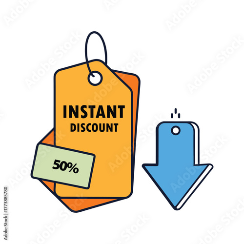 Instant discount tag illustration, fifty percent off sale promotion vector art isolated on white background.