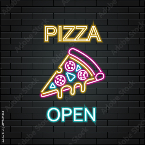 Neon vector illustration of pizza open sign on dark brick wall background. Glowing slice of pizza with cheese and pepperoni in retro neon style for pizzeria, cafe, bar, restaurant, or fast food.