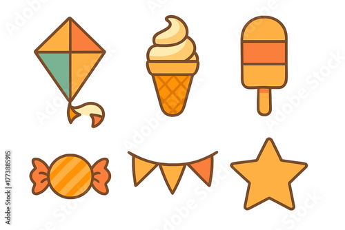Colorful summer celebration icons featuring kite, ice cream, popsicle, candy, and bunting flags