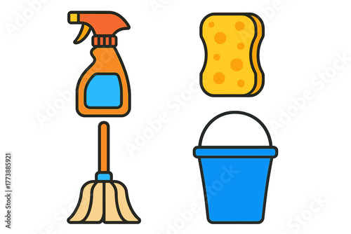 Essential household cleaning tools set including spray bottle, sponge, mop, and bucket