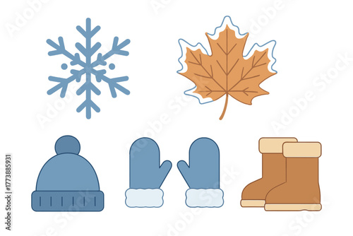 Winter and autumn seasonal elements including snowflake, leaf, hat, mittens, and boots