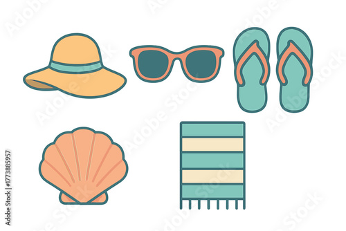 Summer vacation essentials including sun hat, sunglasses, flip flops, seashell, and striped towel