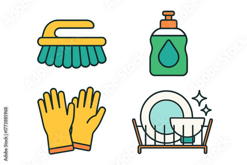 Essential tools and supplies for washing dishes: cleaning brush, soap bottle, protective gloves, and drying rack