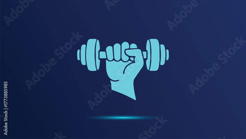 Turquoise Hand Grips a Dumbbell, Symbolizing Strength and Fitness Training Against a Dark Blue Backdrop, Ideal for Fitness Apps and Exercise Videos - Vector Illustration