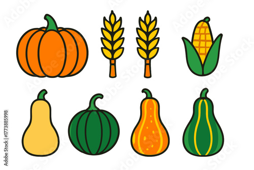 Vibrant set of autumn harvest produce icons featuring pumpkins gourds corn and wheat stalks