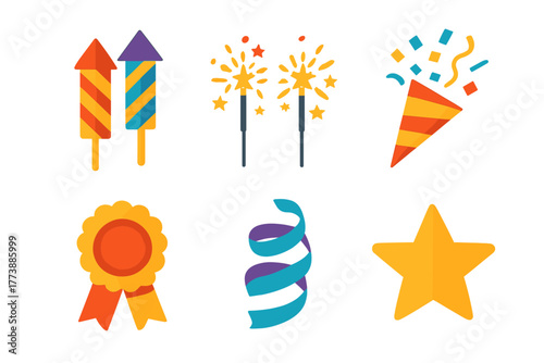 Vibrant set of celebration items: rockets, sparklers, confetti popper, rosette, and star icon