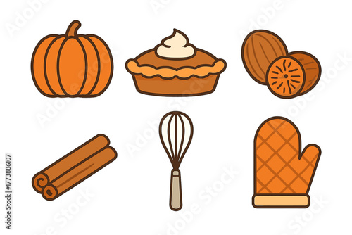 Autumn harvest and baking elements including pumpkin pie nutmeg cinnamon whisk and oven mitt