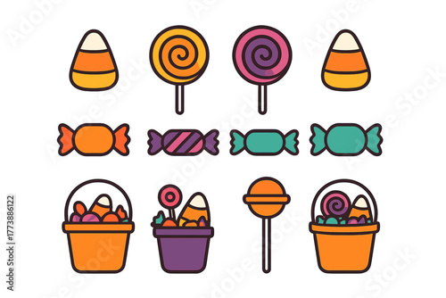 Colorful Halloween sweet treats and trick or treat buckets with candy corn and spiral lollipops