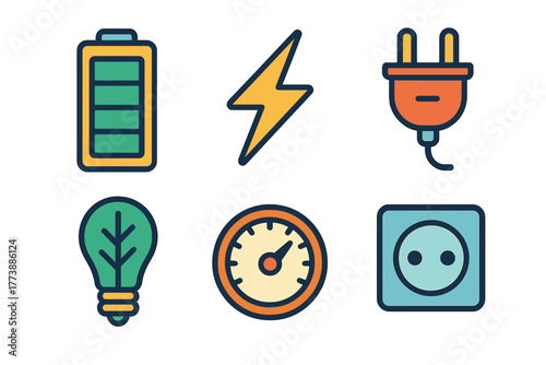 Foto Colorful set of energy and electricity symbols: battery, lightning bolt, plug, l