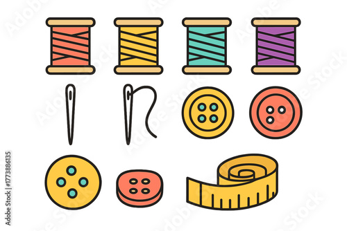 Assortment of colorful sewing tools including thread spools, buttons, needles, and measuring tape