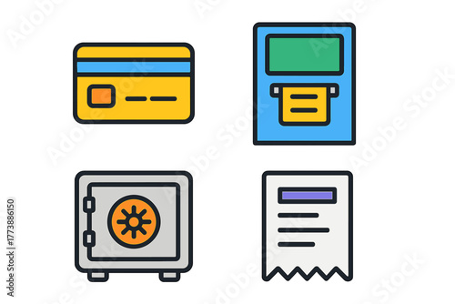 Financial transaction and security concepts featuring credit card, ATM, safe, and receipt