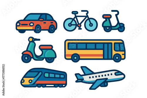 Modern collection of various colorful transport modes including road, rail, and air travel