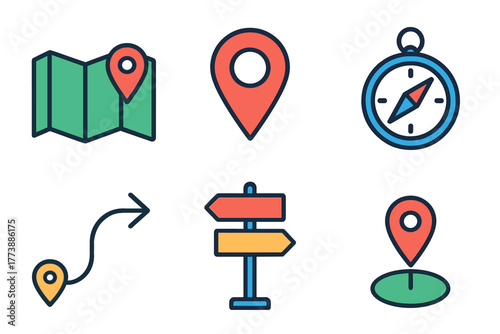 Colorful location and navigation icons including map, compass, route, and direction signs
