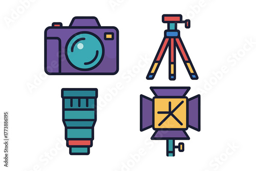 Professional photography equipment set including camera body, telephoto lens, tripod stand, and studio spotlight