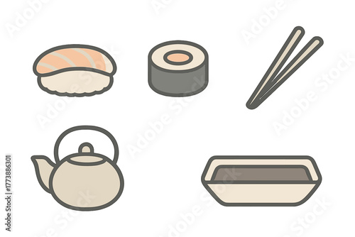 Minimalist collection of Japanese cuisine elements including sushi, chopsticks, teapot, and soy sauce dish