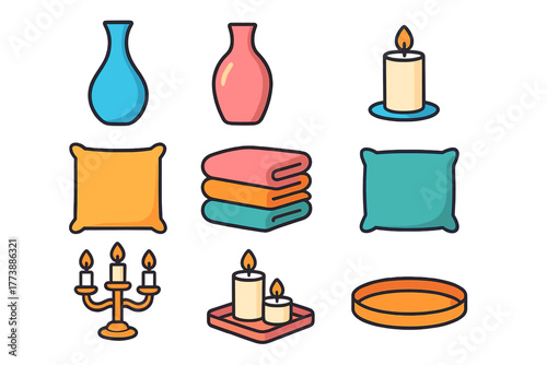 Decorative household and spa items including vases, burning candles, soft pillows, and folded towels