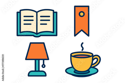Open book, bookmark, table lamp, and hot beverage cup representing cozy reading elements