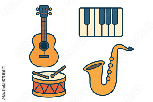 Collection of colorful musical instruments including guitar, piano, drum, and saxophone symbols