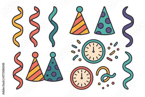 Colorful party celebration elements including countdown clocks streamers and patterned hats