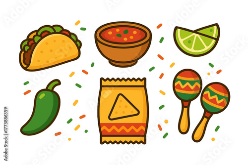 Assortment of classic Mexican food and fiesta elements like taco, salsa, lime, jalapeno, and musical maracas