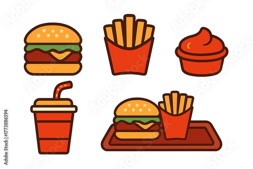 Classic fast food meal set featuring cheeseburger, french fries, soda, and dipping sauce