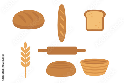 Collection of bakery and baking elements including bread loaves, baguette, toast, rolling pin, and wheat stalks