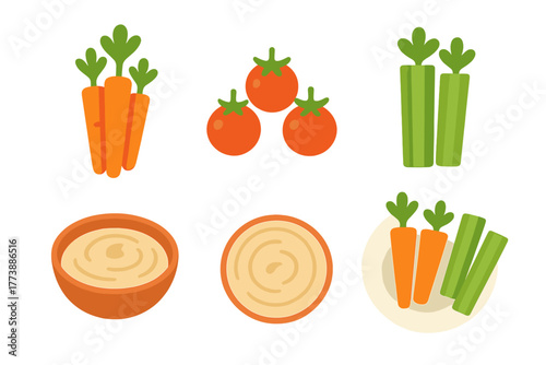 Healthy vegetable platter with carrots, celery, tomatoes, and dipping sauces