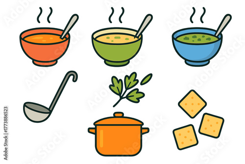 Colorful collection of soup bowls, cooking pot, ladle, fresh parsley, and crackers
