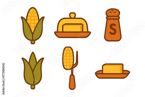 Corn on the cob, butter dish, and salt shaker for cooking and dining setup