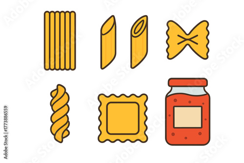 Collection of dry pasta shapes including penne farfalle fusilli and ravioli with a jar of tomato sauce