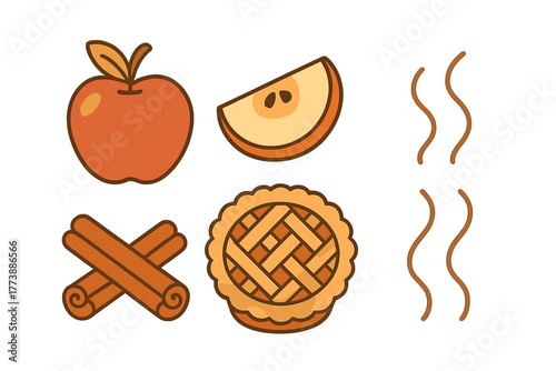 Autumn baking ingredients set with whole apple, sliced fruit, cinnamon sticks, and freshly baked apple pie