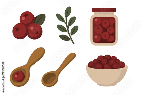 Fresh cranberries, berry jam in glass jar, wooden spoons, and bowl of ripe fruit